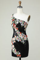 Load image into Gallery viewer, One Shoulder Black Sequin Beading Short Prom Dress