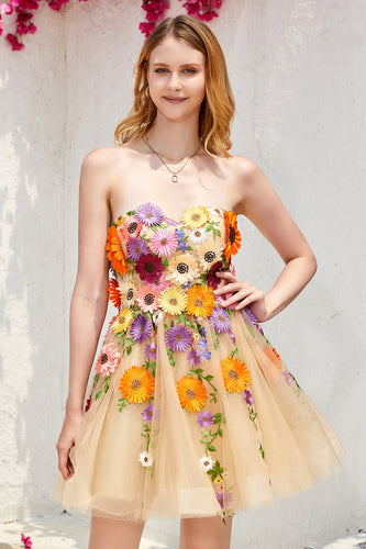 Champagne Strapless Short Prom Dress with 3D Flowers
