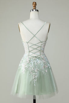Dusty Sage Spaghetti Straps Short Prom Dress With Criss Cross Back