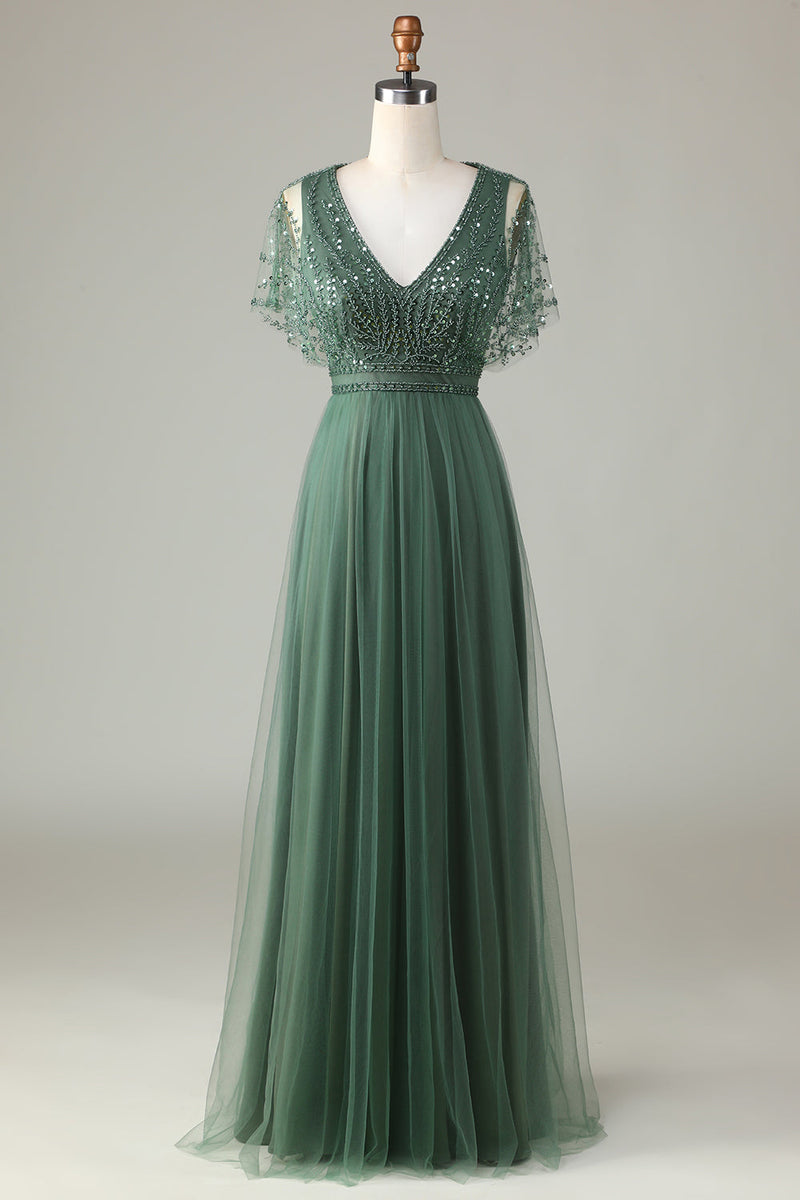 Queendancer Women Beaded Eucalyptus Bridesmaid Dress with Sequins Tulle  A-Line Wedding Guest Dress – queendanceruk