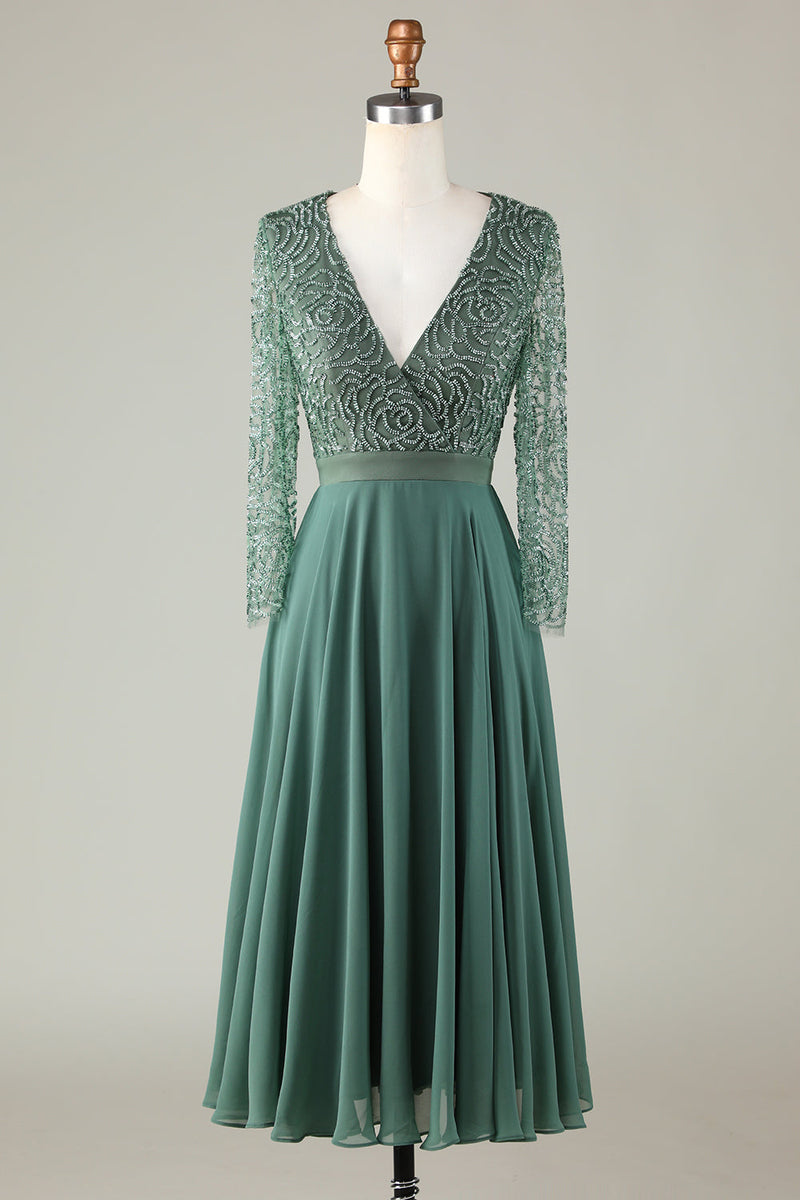 Queendancer Women Eucalyptus Beaded Bridesmaid Dress A Line V-Neck Long Sleeves Wedding Guest Dress queendanceruk Queendancer Women Eucalyptus Beaded Bridesmaid Dress A Line V-Neck Long Sleeves Wedding Guest Dress queendanceruk