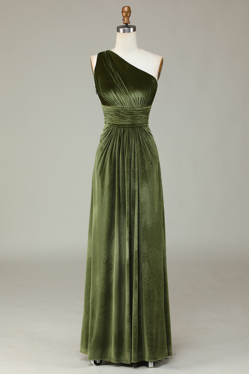 green velvet bridesmaid dresses uk Queendancer Women Velvet Olive Bridesmaid Dress A-Line One Shoulder Wedding  Guest Dress – queendanceruk