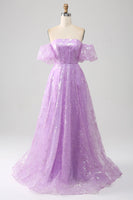 Load image into Gallery viewer, Sparkly Lilac A Line Strapless Long Prom Dress With Embroidery