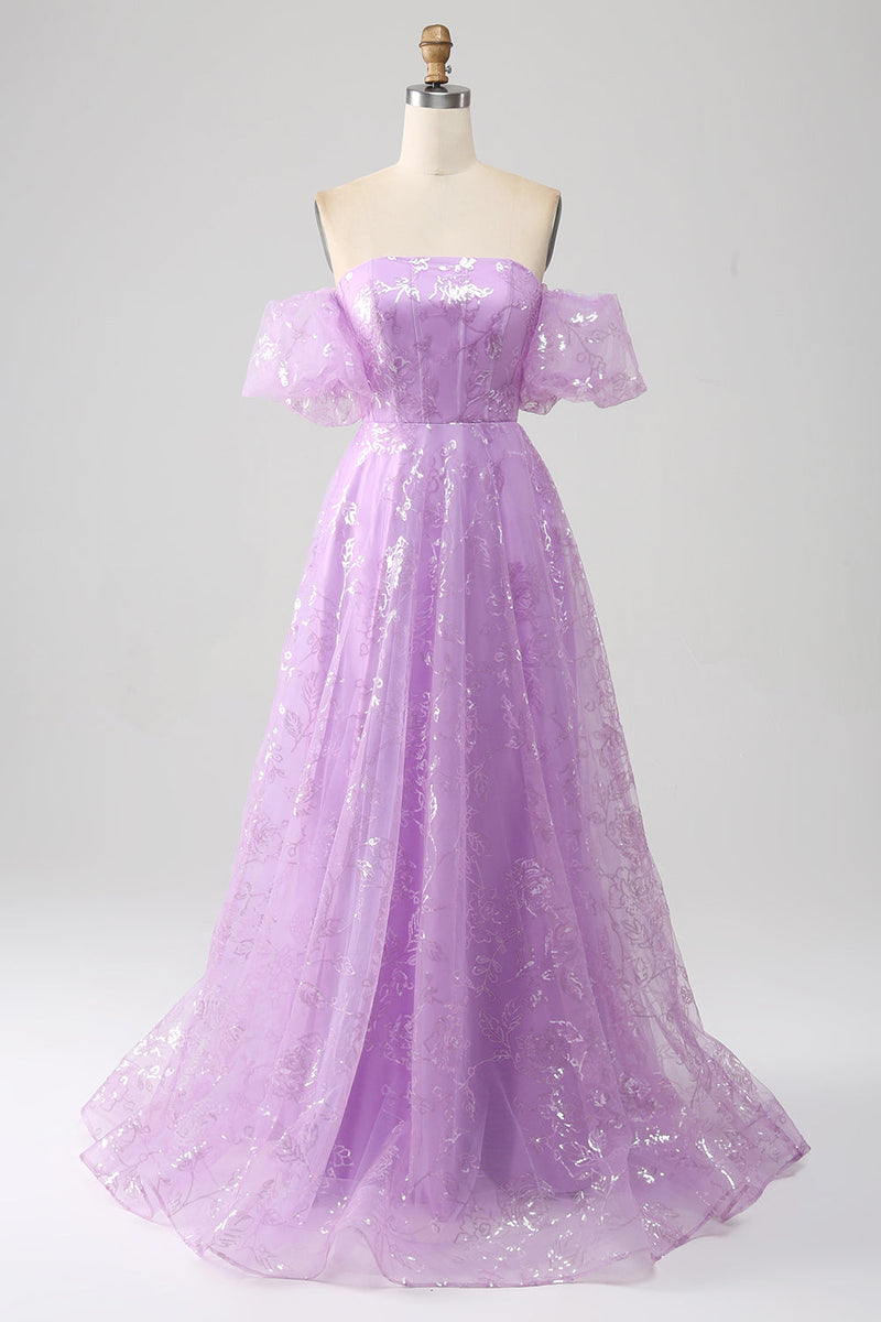 Load image into Gallery viewer, Sparkly Lilac A Line Strapless Long Prom Dress With Embroidery