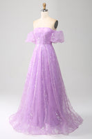 Load image into Gallery viewer, Sparkly Lilac A Line Strapless Long Prom Dress With Embroidery