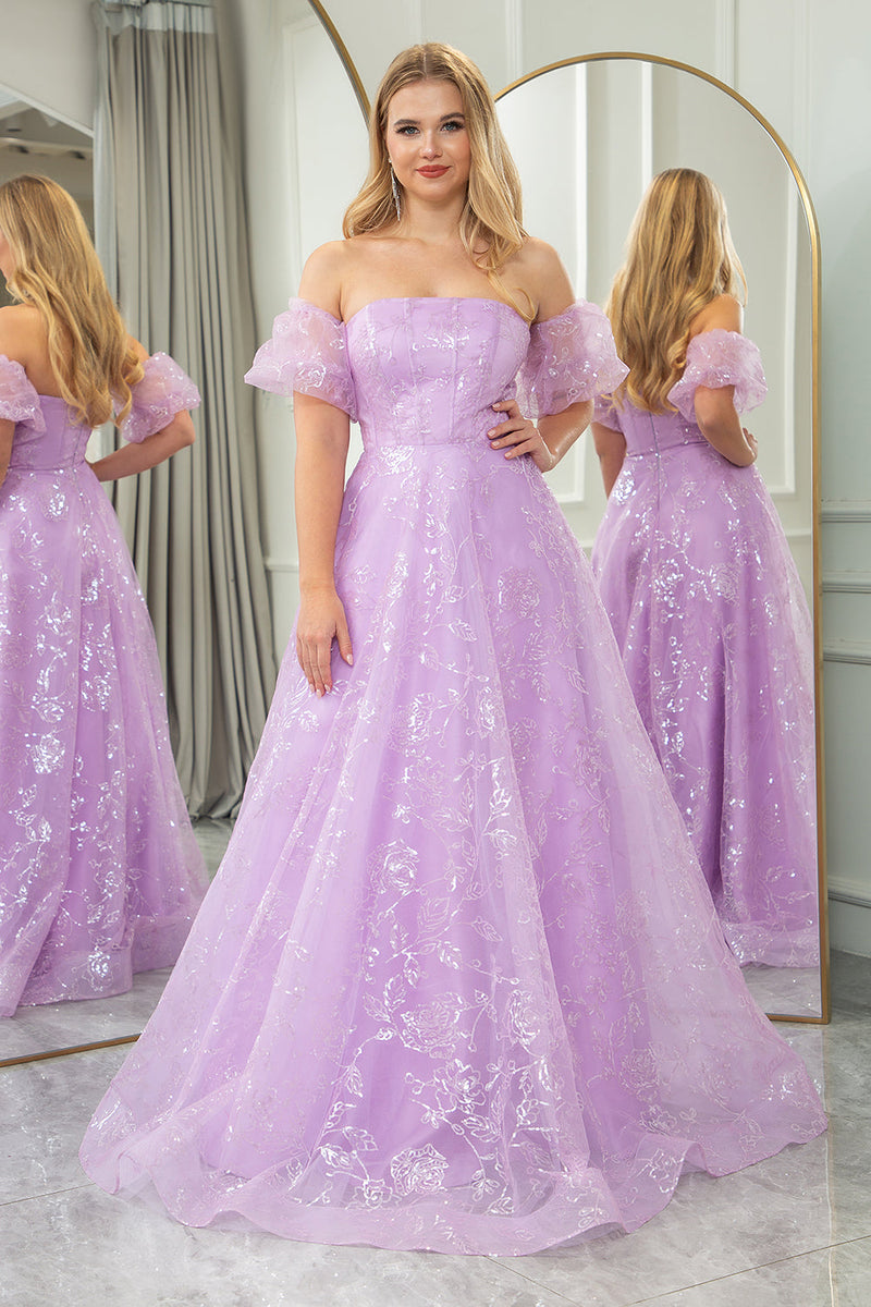 Load image into Gallery viewer, Sparkly Lilac A Line Strapless Long Prom Dress With Embroidery