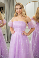 Load image into Gallery viewer, Sparkly Lilac A Line Strapless Long Prom Dress With Embroidery