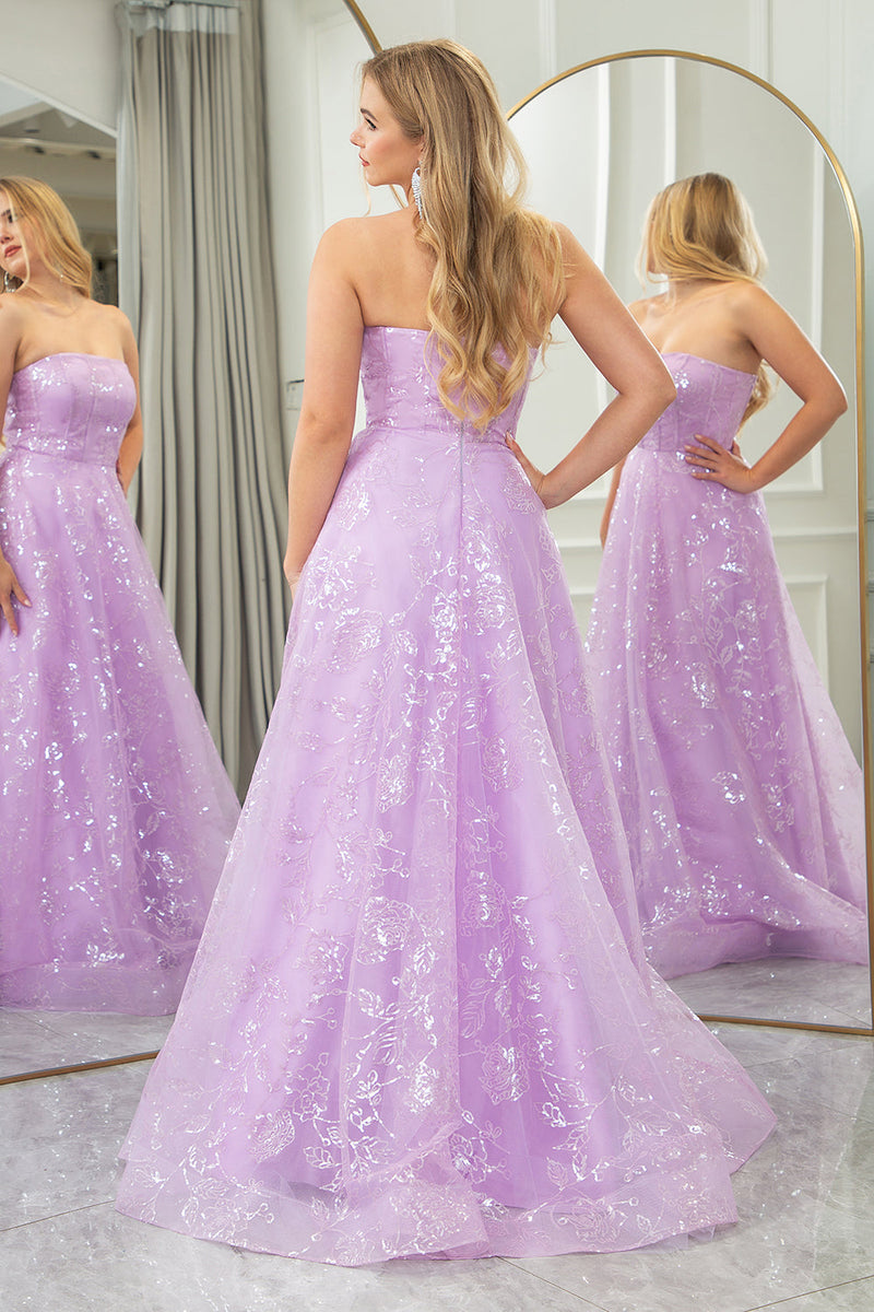 Load image into Gallery viewer, Sparkly Lilac A Line Strapless Long Prom Dress With Embroidery