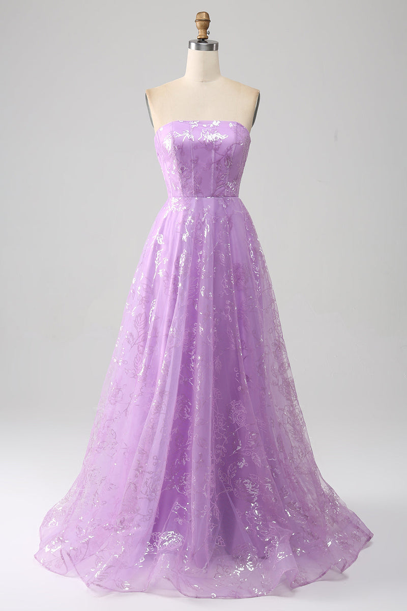Load image into Gallery viewer, Lilac A Line Strapless Sparkly Sequin Long Prom Dress