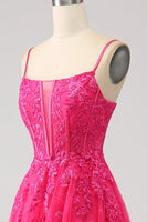 Load image into Gallery viewer, Fuchsia A-Line Corset Lace Long Prom Dress with Slit