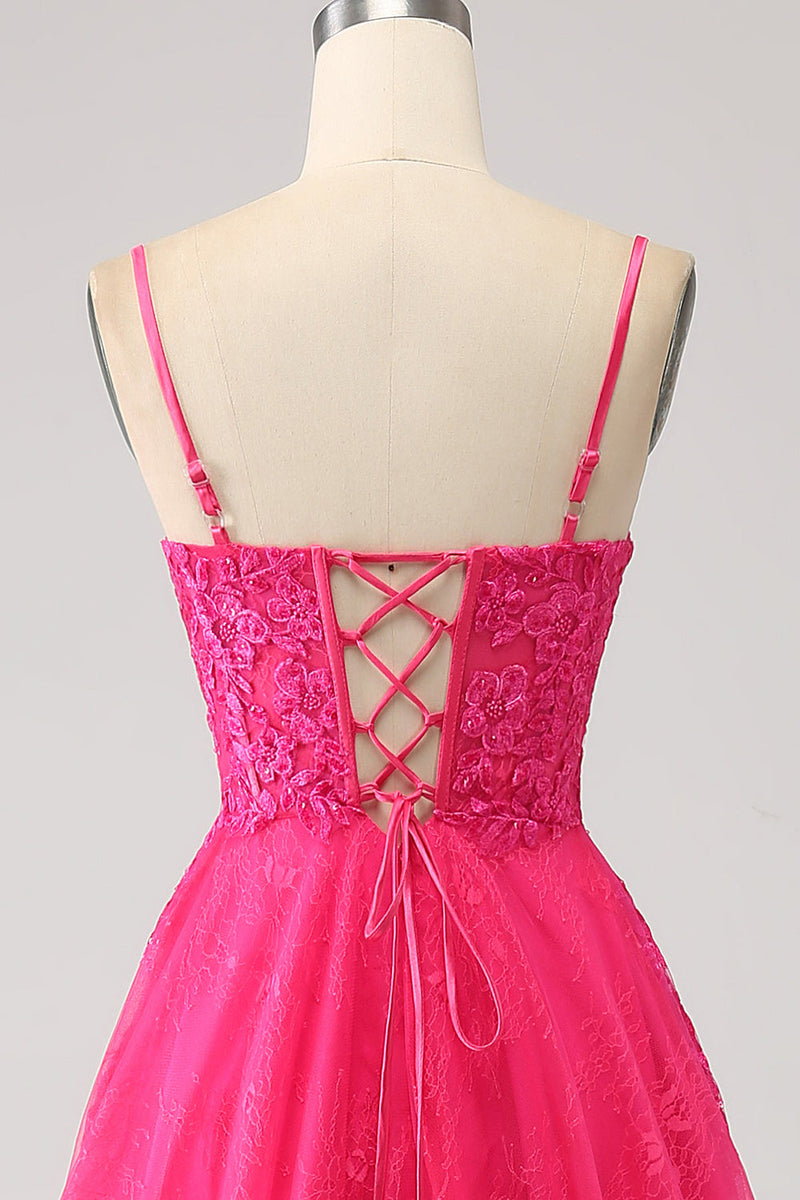 Load image into Gallery viewer, Fuchsia A-Line Corset Lace Long Prom Dress with Slit