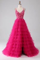 Load image into Gallery viewer, Fuchsia Princess A-Line Spaghetti Straps Sequin Tiered Long Prom Dress with Slit