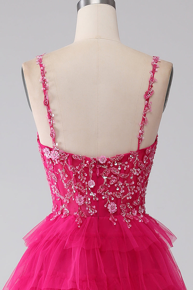 Load image into Gallery viewer, Fuchsia Princess A-Line Spaghetti Straps Sequin Tiered Long Prom Dress with Slit