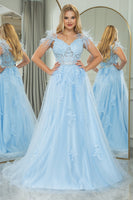 Load image into Gallery viewer, Light Blue A Line Appliqued Long Corset Prom Dress With Feathers