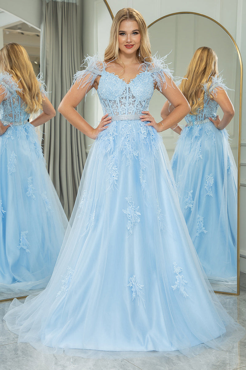 Load image into Gallery viewer, Light Blue A Line Appliqued Long Corset Prom Dress With Feathers
