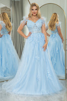 Load image into Gallery viewer, Light Blue A Line Appliqued Long Corset Prom Dress With Feathers
