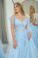 Load image into Gallery viewer, Light Blue A Line Appliqued Long Corset Prom Dress With Feathers