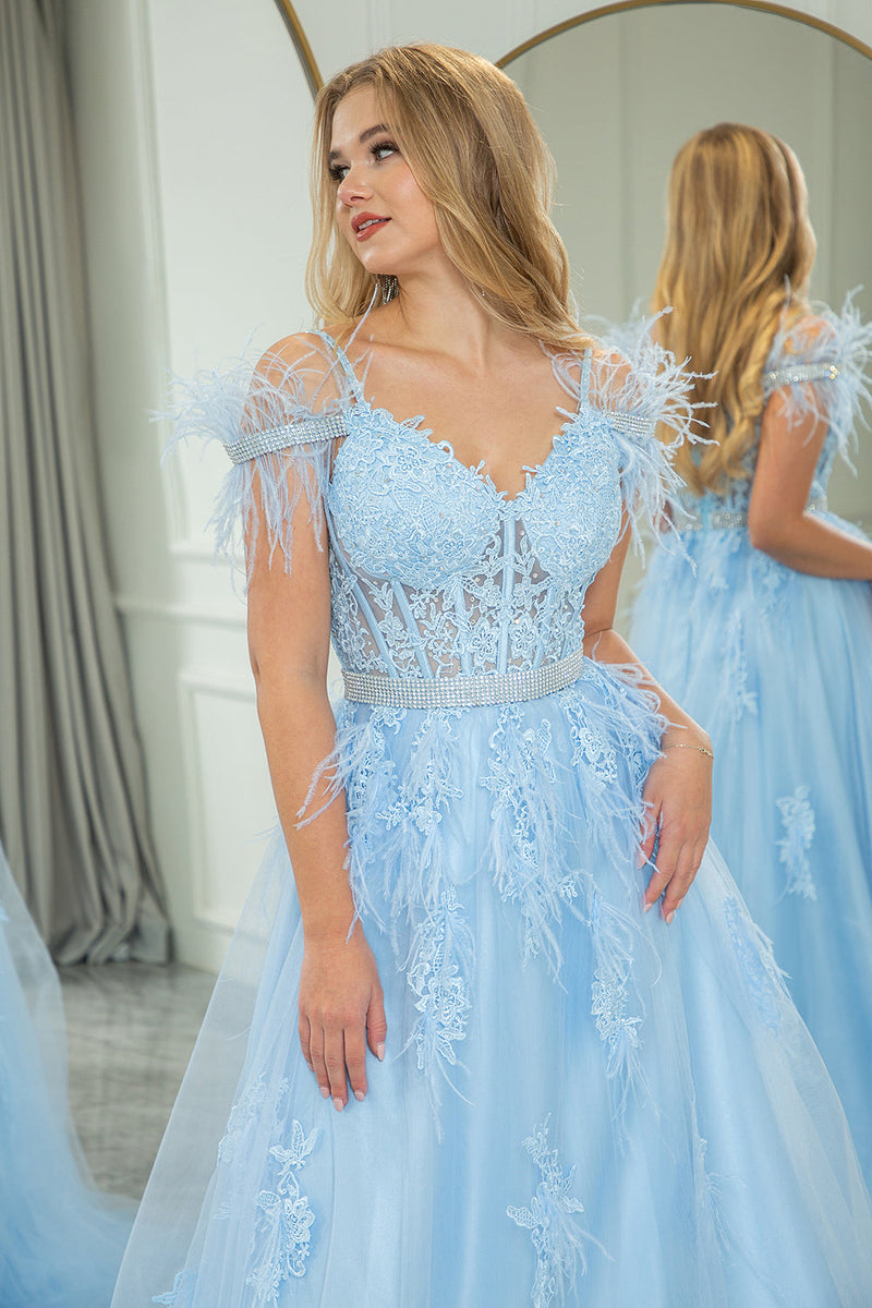 Load image into Gallery viewer, Light Blue A Line Appliqued Long Corset Prom Dress With Feathers