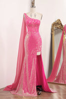 Load image into Gallery viewer, Fuchsia Mermaid One Shoulder Long Corset Prom Dress With Slit