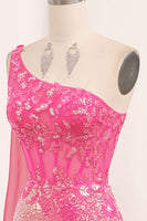 Load image into Gallery viewer, Fuchsia Mermaid One Shoulder Long Corset Prom Dress With Slit