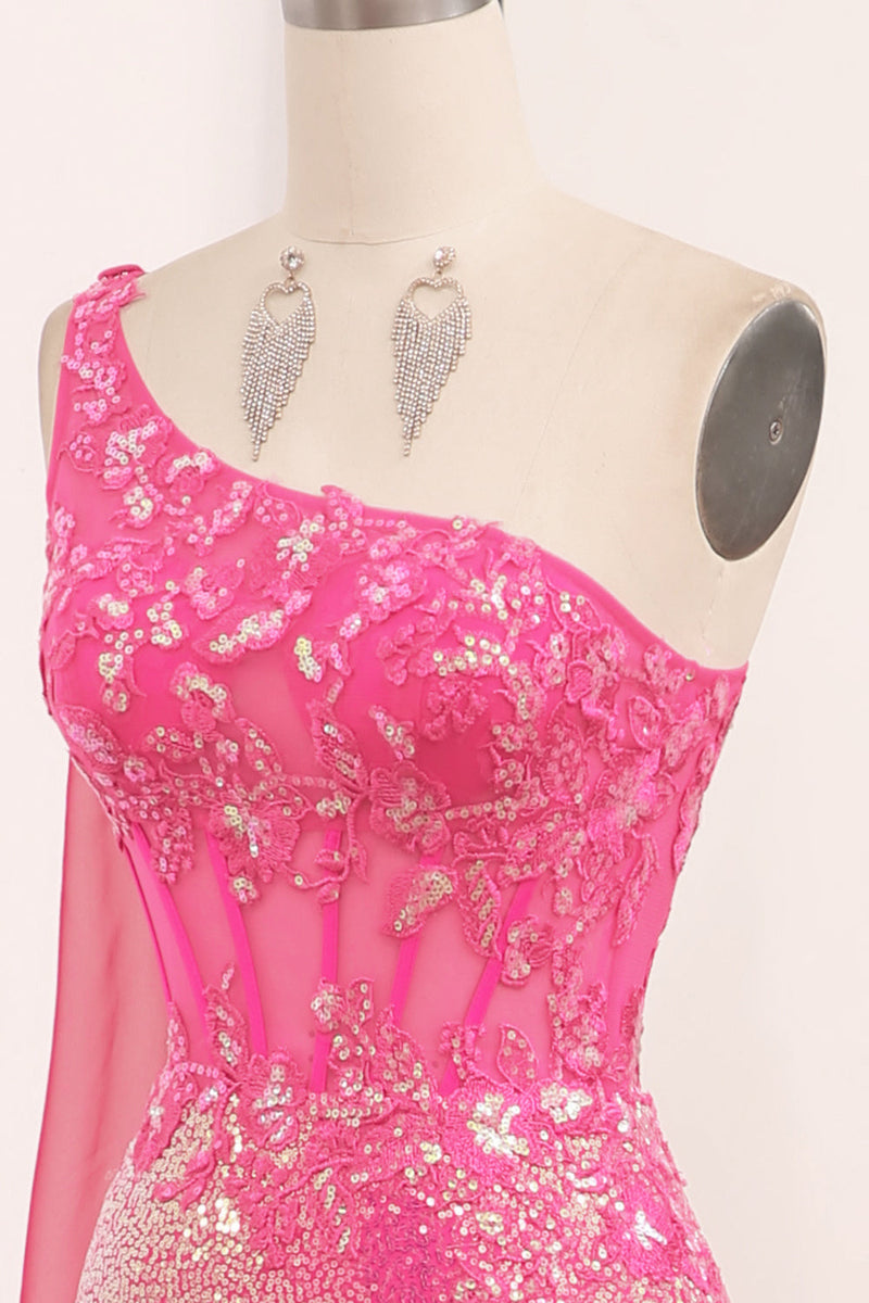 Load image into Gallery viewer, Fuchsia Mermaid One Shoulder Long Corset Prom Dress With Slit