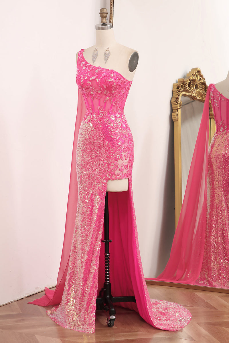 Load image into Gallery viewer, Fuchsia Mermaid One Shoulder Long Corset Prom Dress With Slit