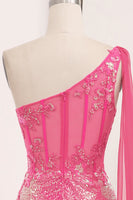 Load image into Gallery viewer, Fuchsia Mermaid One Shoulder Long Corset Prom Dress With Slit
