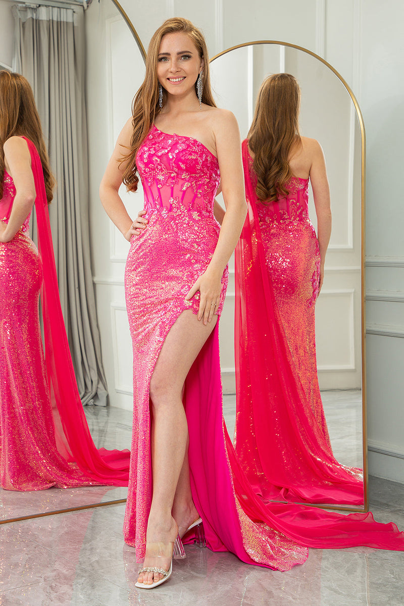 Load image into Gallery viewer, Sparkly Fuchsia Mermaid One Shoulder Long Corset Prom Dress With Slit