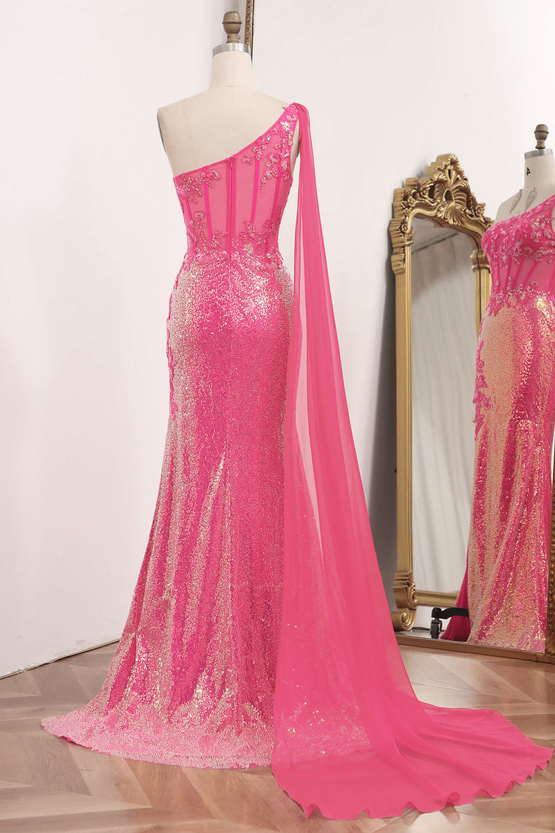 Load image into Gallery viewer, Fuchsia Mermaid One Shoulder Long Corset Prom Dress With Slit