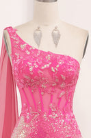 Load image into Gallery viewer, Fuchsia Mermaid One Shoulder Long Corset Prom Dress With Slit