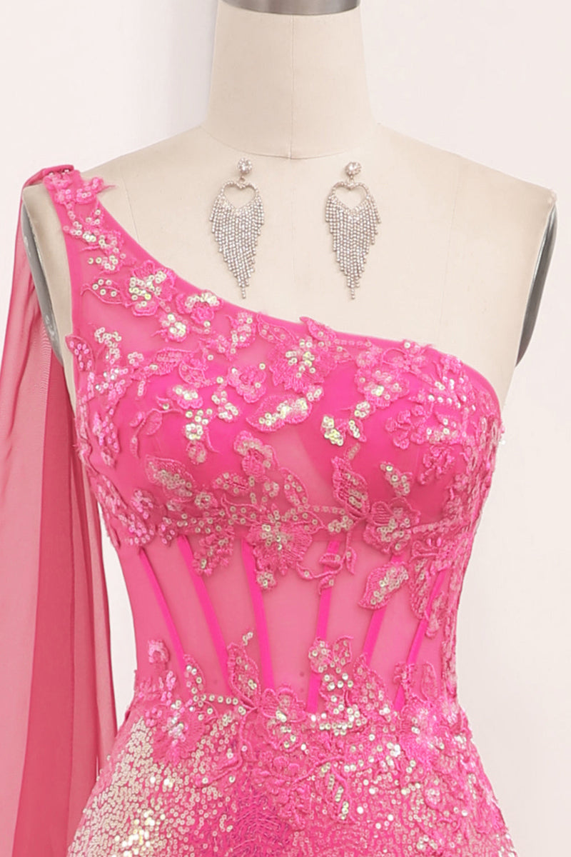 Load image into Gallery viewer, Fuchsia Mermaid One Shoulder Long Corset Prom Dress With Slit