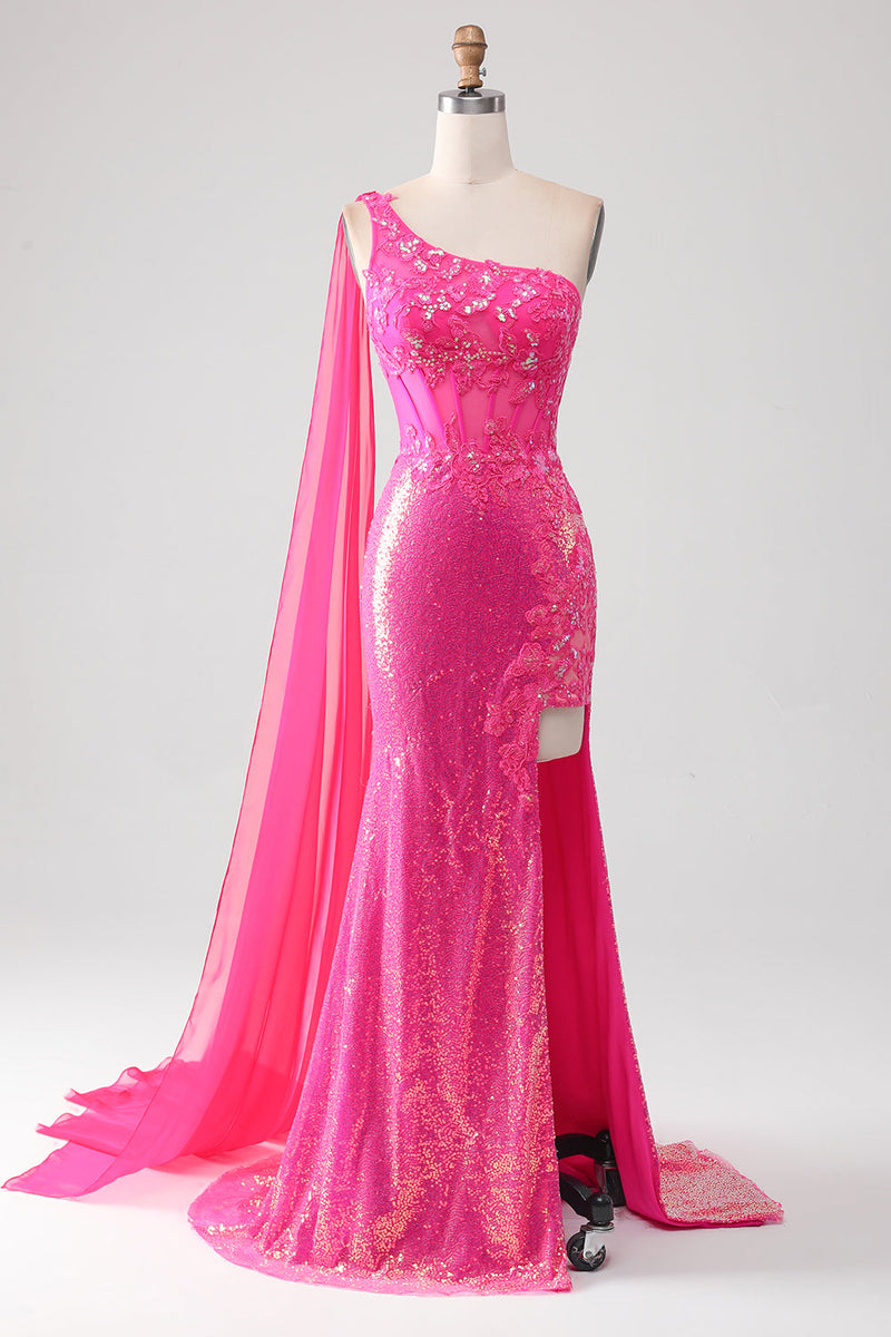 Load image into Gallery viewer, Sparkly Fuchsia Mermaid One Shoulder Appliques Prom Dress With Slit