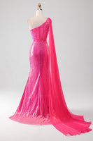 Load image into Gallery viewer, Sparkly Fuchsia Mermaid One Shoulder Appliques Prom Dress With Slit