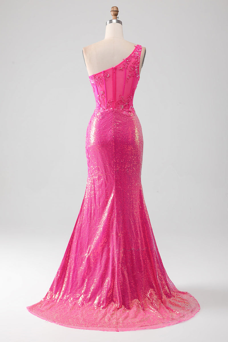 Load image into Gallery viewer, Sparkly Fuchsia Mermaid One Shoulder Appliques Prom Dress With Slit