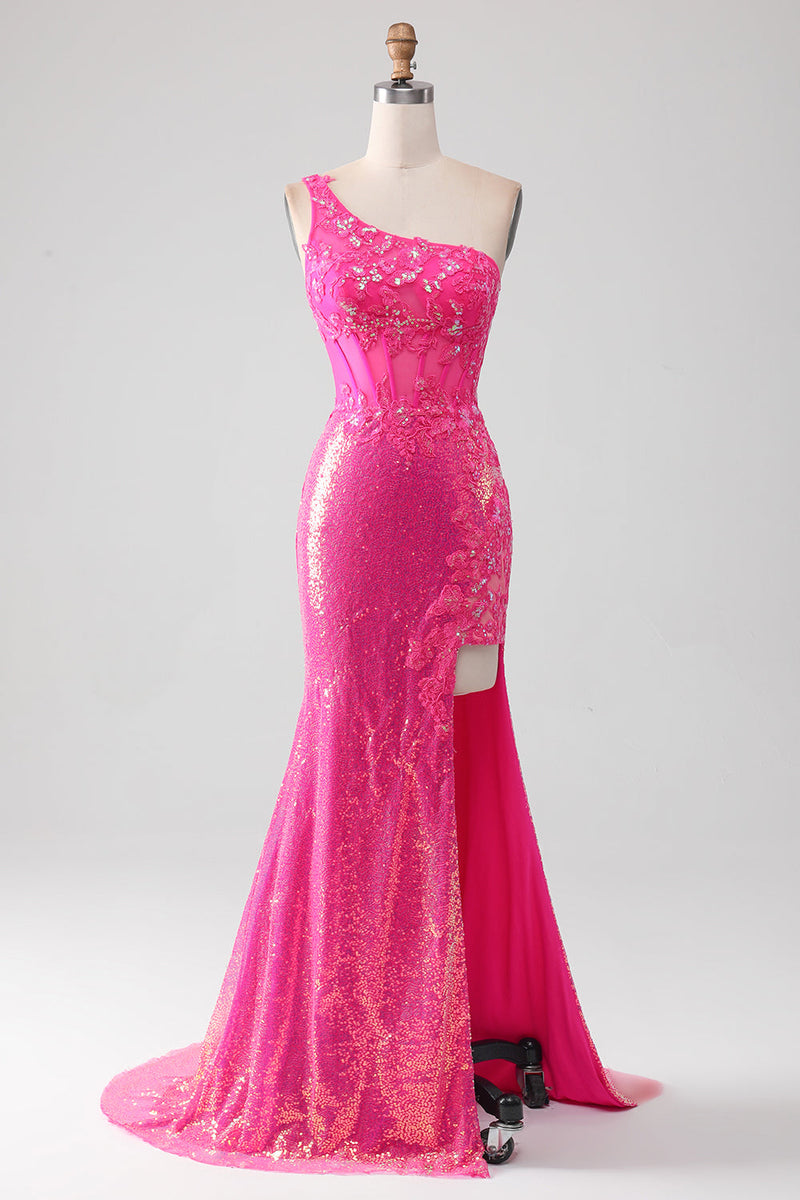 Load image into Gallery viewer, Sparkly Fuchsia Mermaid One Shoulder Appliques Prom Dress With Slit