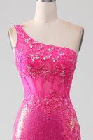 Load image into Gallery viewer, Sparkly Fuchsia Mermaid One Shoulder Appliques Prom Dress With Slit