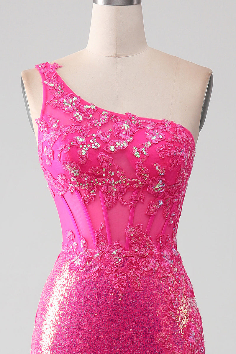Load image into Gallery viewer, Sparkly Fuchsia Mermaid One Shoulder Appliques Prom Dress With Slit