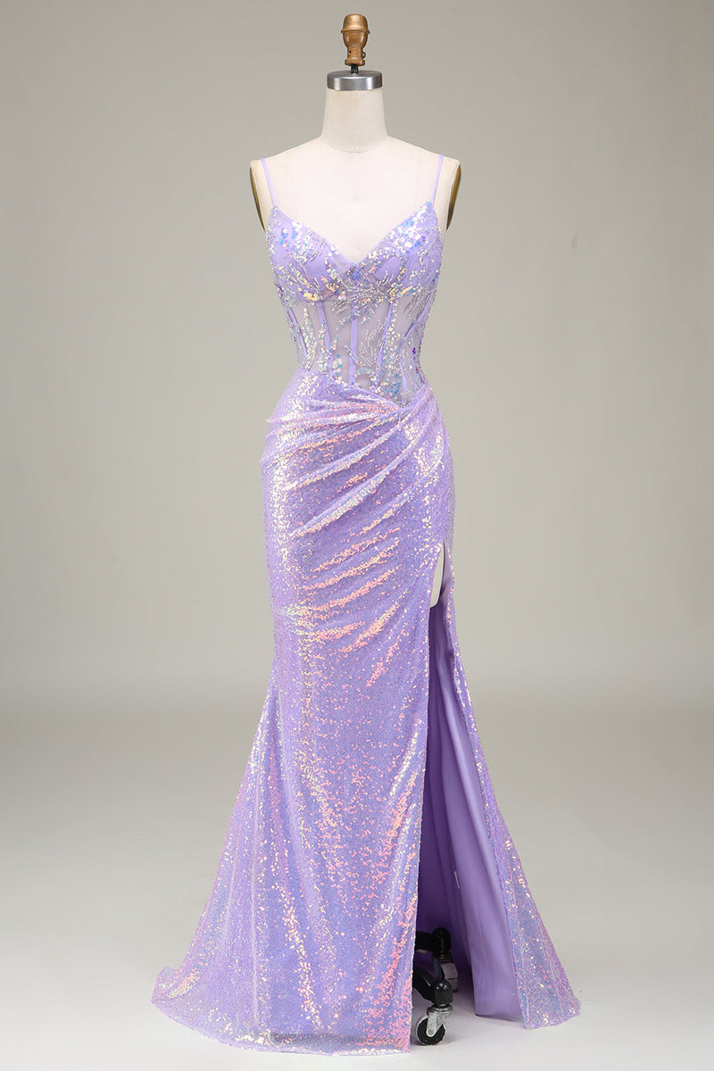Queendancer Women Sparkly Light Purple Corset Prom Dress with Slit Mermaid  Spaghetti Straps Beaded Party Dress – queendanceruk
