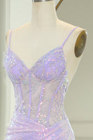 Load image into Gallery viewer, Glitter Light Purple Mermaid Backless Long Corset Prom Dress With Slit
