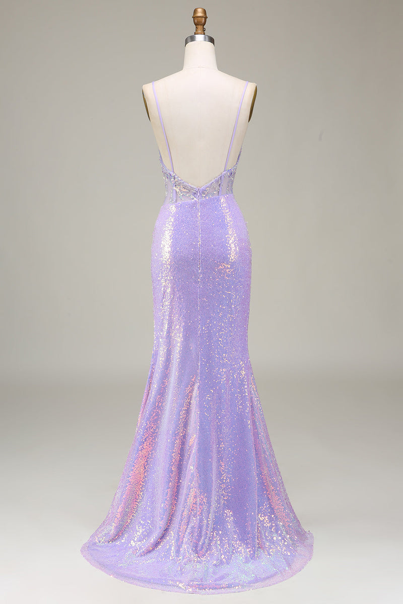 Load image into Gallery viewer, Sparkly Mermaid LighT Purple Corset Prom Dress with Slit