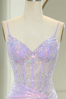 Load image into Gallery viewer, Glitter Light Purple Mermaid Backless Long Corset Prom Dress With Slit