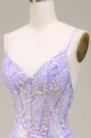 Load image into Gallery viewer, Sparkly Mermaid LighT Purple Corset Prom Dress with Slit