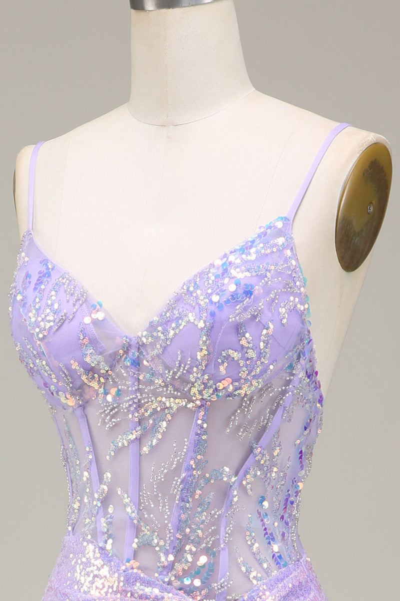 Load image into Gallery viewer, Sparkly Mermaid LighT Purple Corset Prom Dress with Slit