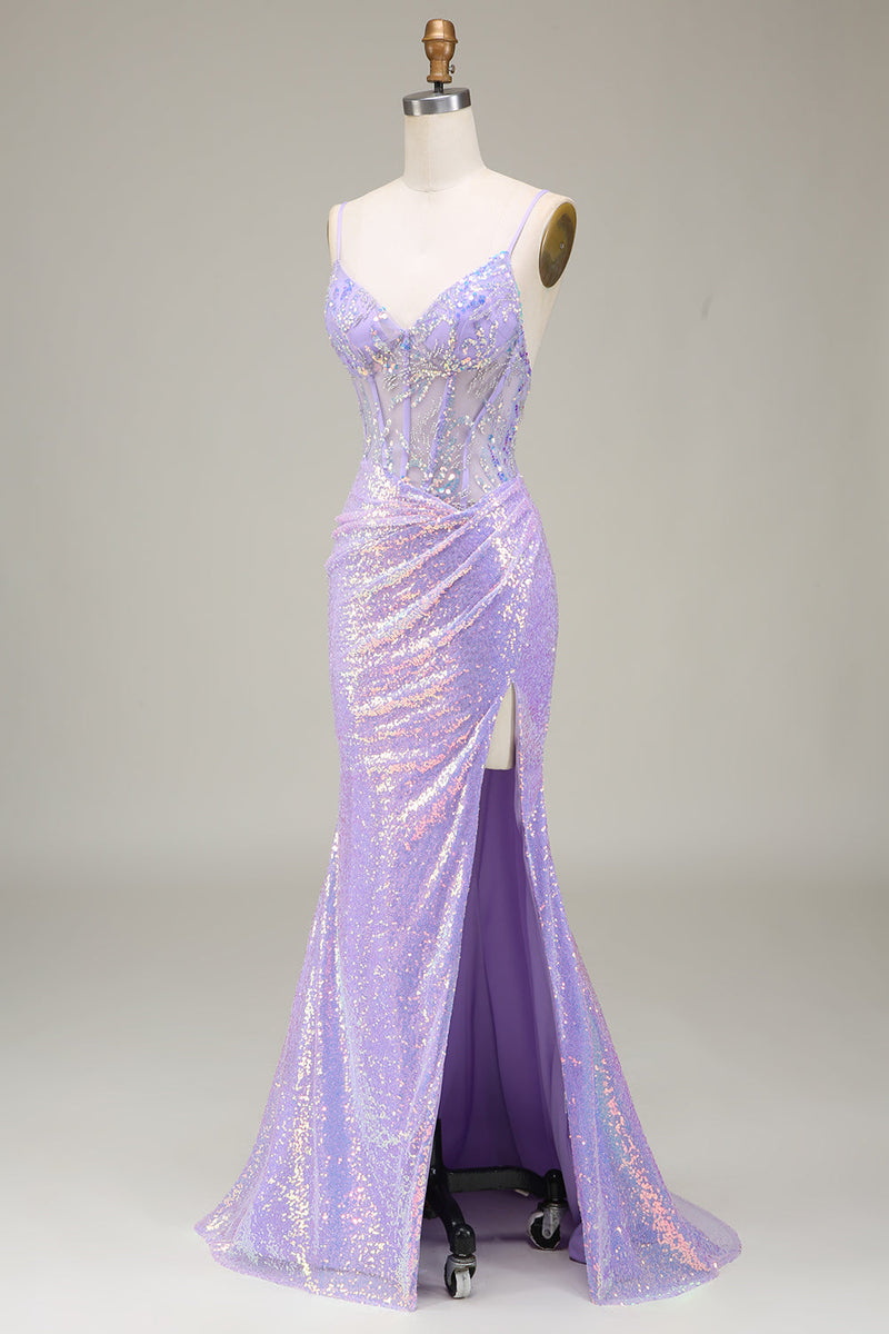 Load image into Gallery viewer, Sparkly Mermaid LighT Purple Corset Prom Dress with Slit