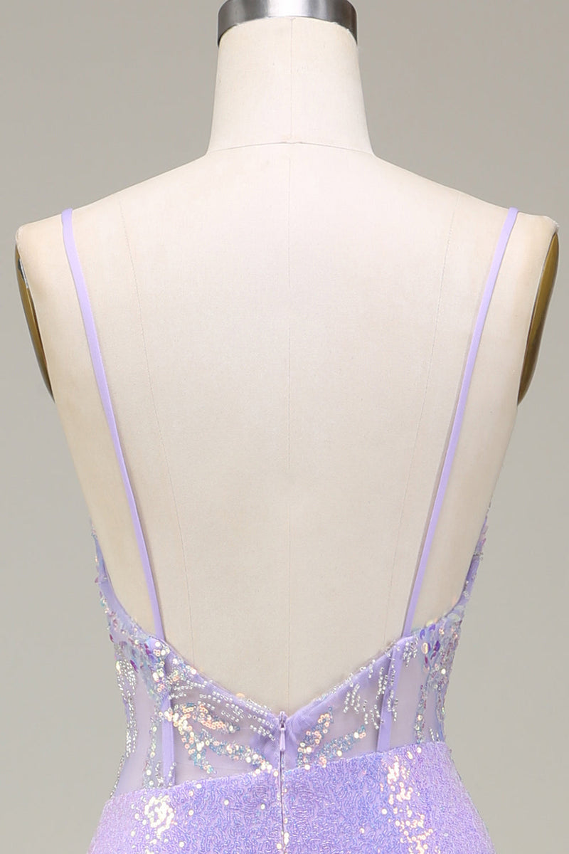 Load image into Gallery viewer, Sparkly Mermaid LighT Purple Corset Prom Dress with Slit