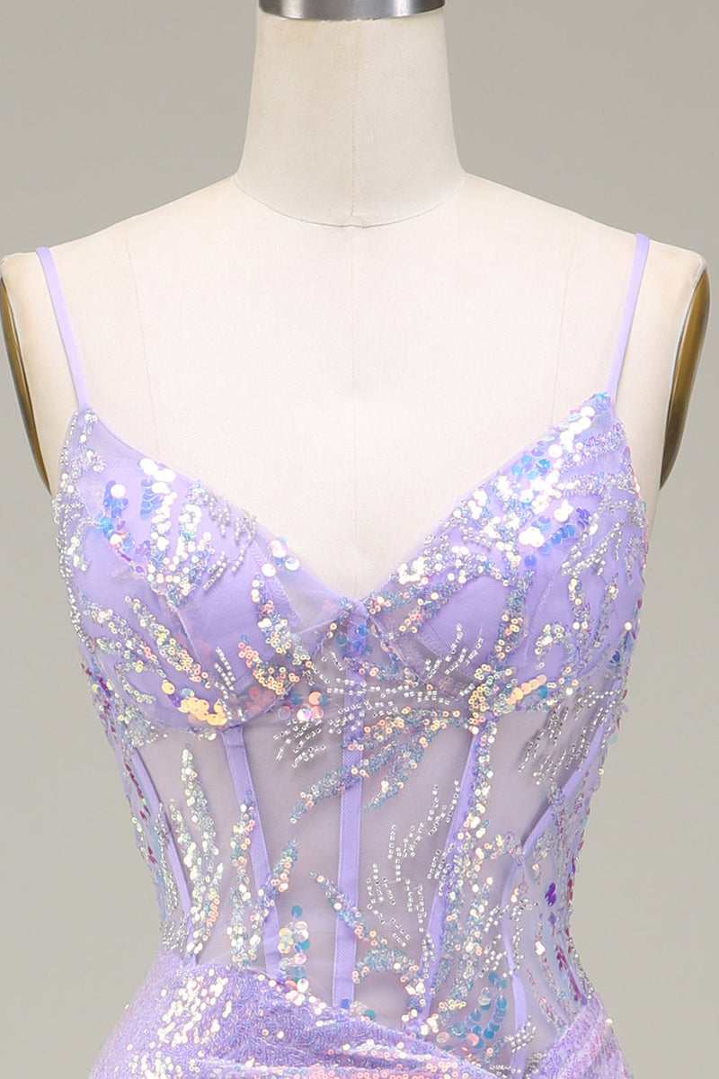 Load image into Gallery viewer, Sparkly Mermaid LighT Purple Corset Prom Dress with Slit