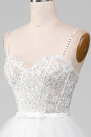 Load image into Gallery viewer, White A-Line Sparkly Sequin Ruffle Skirt Corset Prom Dress With Slit