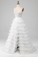 Load image into Gallery viewer, White A-Line Sparkly Sequin Ruffle Skirt Corset Prom Dress With Slit