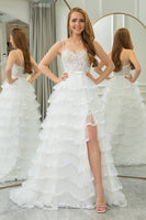Load image into Gallery viewer, White A Line Spaghetti Straps Tiered Long Corset Prom Dress With Slit