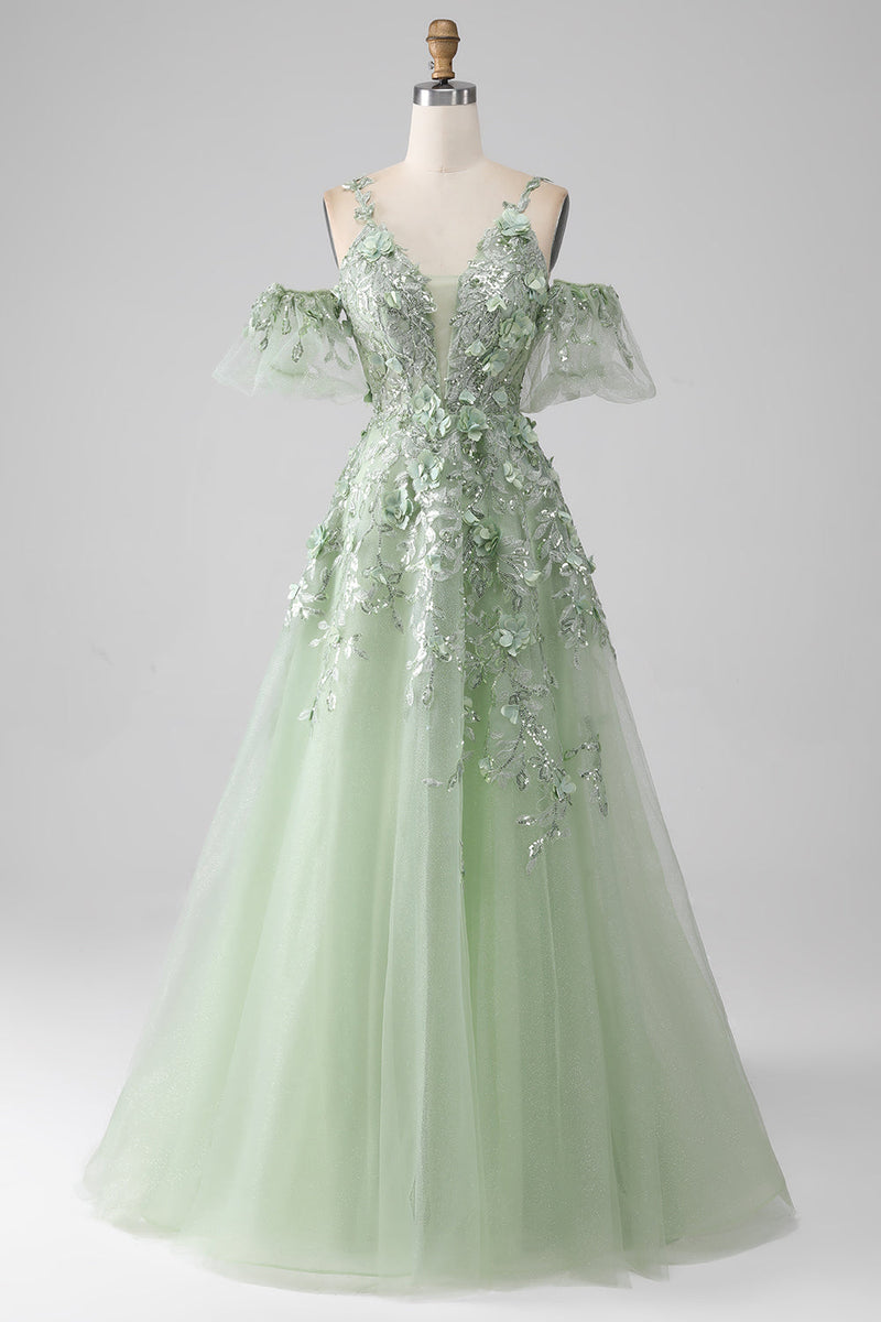 Queendancer Women Sage Detachable Sleeves Long Corset Prom Dress with